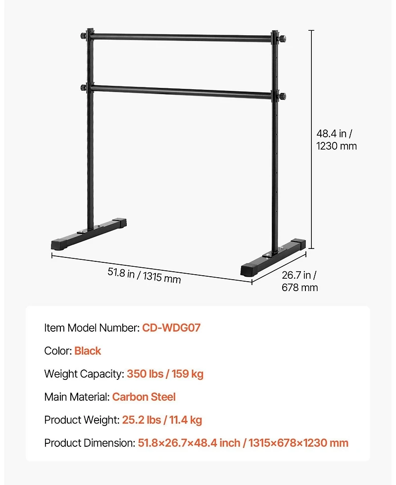 Sevorley Freestanding Double Ballet Barre, 4 Ft Portable Dance Stretch Bar, 10-Level Adjustable