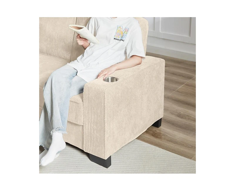 Rainsken 83.86" Corduroy 3-Seater Sofa with Cup Holder, High Resilience Sponge , Pet Friendly Modern Furniture for Living Room Bedroom Office