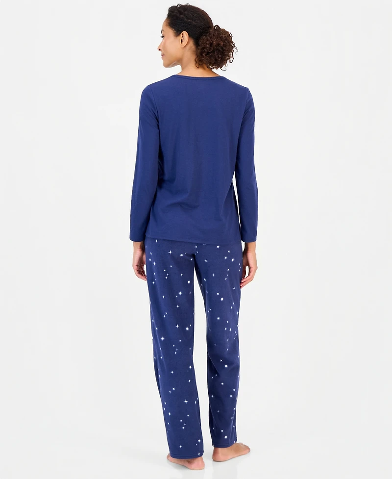 Charter Club Women's Long-Sleeve Cotton-Blend Top and Fleece Pajama Pants Set, Macy's Exclusive