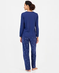Charter Club Women's Long-Sleeve Cotton-Blend Top and Fleece Pajama Pants Set, Macy's Exclusive