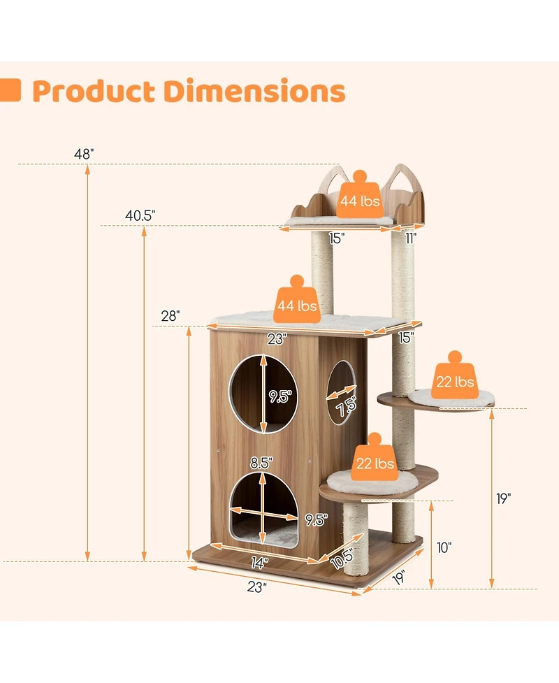 Gymax Wooden Cat Tree 48'' Cat Tower for Indoor Cats With 2-floor Condo Cute Top Perch