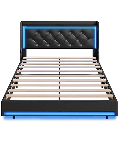 Slickblue Queen Size Upholstered Platform Bed Frame with Led Headboard and Built-In Charging Station