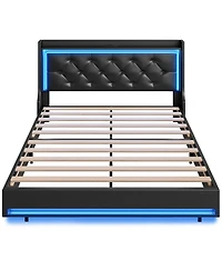 Slickblue Queen Size Upholstered Platform Bed Frame with Led Headboard and Built-In Charging Station