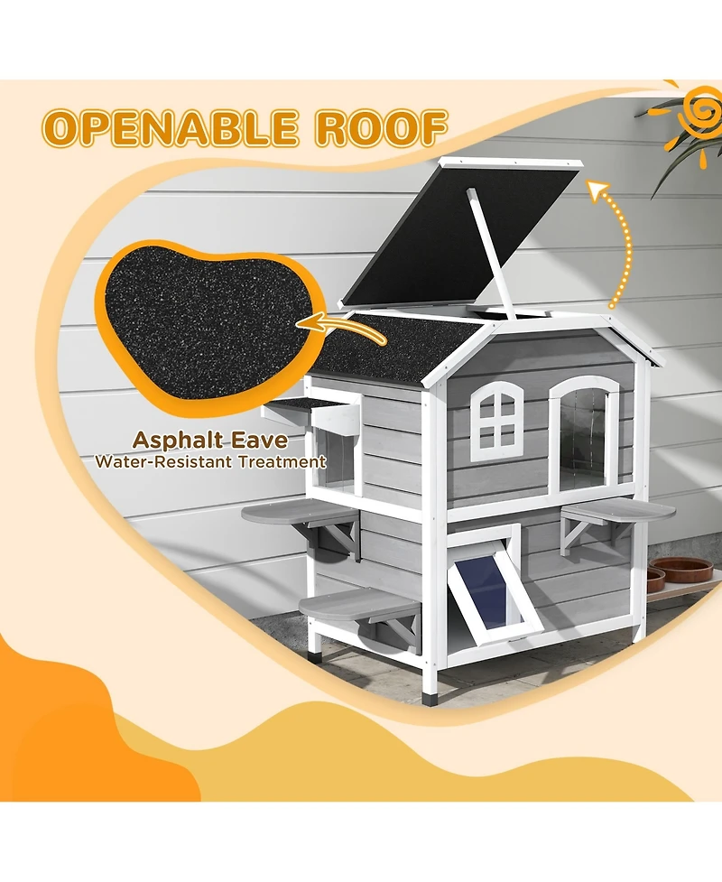 Ruie 2 Story Outdoor Cat House Weatherproof Wooden Feral Cat Shelter