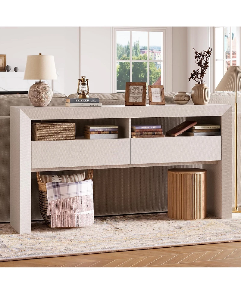 homfan Console Table with Drawers - 63" Farmhouse Entryway Open Storage Shelves, Narrow Sofa Behind Couch, Durable Pb+Mdf