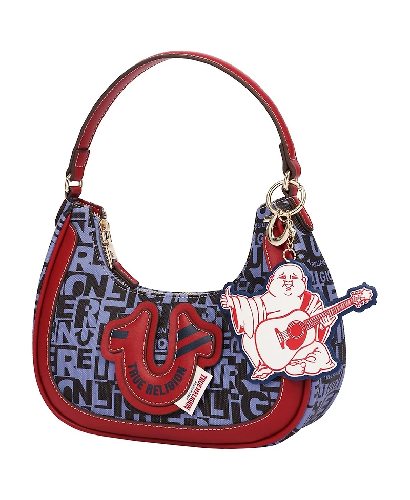 True Religion Graphic Horseshoe Hobo Bag with Buddha Charm and Logo Print
