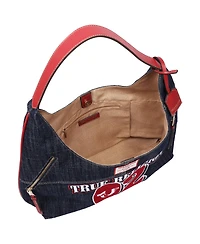 True Religion Varsity Logo Zip Pocket Denim Hobo Bag – Dark Denim Shoulder Purse