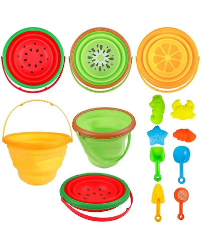 homfan Multipurpose Silicone Collapsible Beach Toys Set, 3 Piece Bucket with Shovels and Sand Molds for Kids Travel and Camping