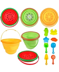 homfan Multipurpose Silicone Collapsible Beach Toys Set, 3 Piece Bucket with Shovels and Sand Molds for Kids Travel and Camping