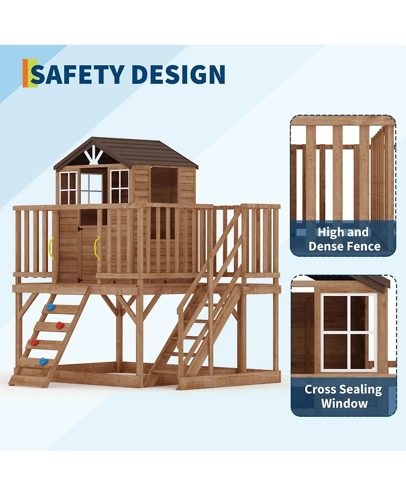 homfan 2 Story Wooden Playhouse, Brown Cedar Outdoor Playhouse with Climbing Wall and Step Ladder for Kids Ages 3 to 12
