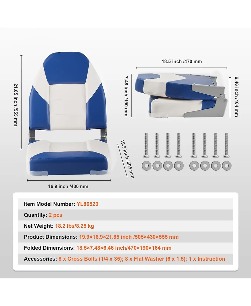 Sevorley High Back Folding Boat Seats, 21.85 in Padded Fold-Down Captain Chairs, 2-Pack