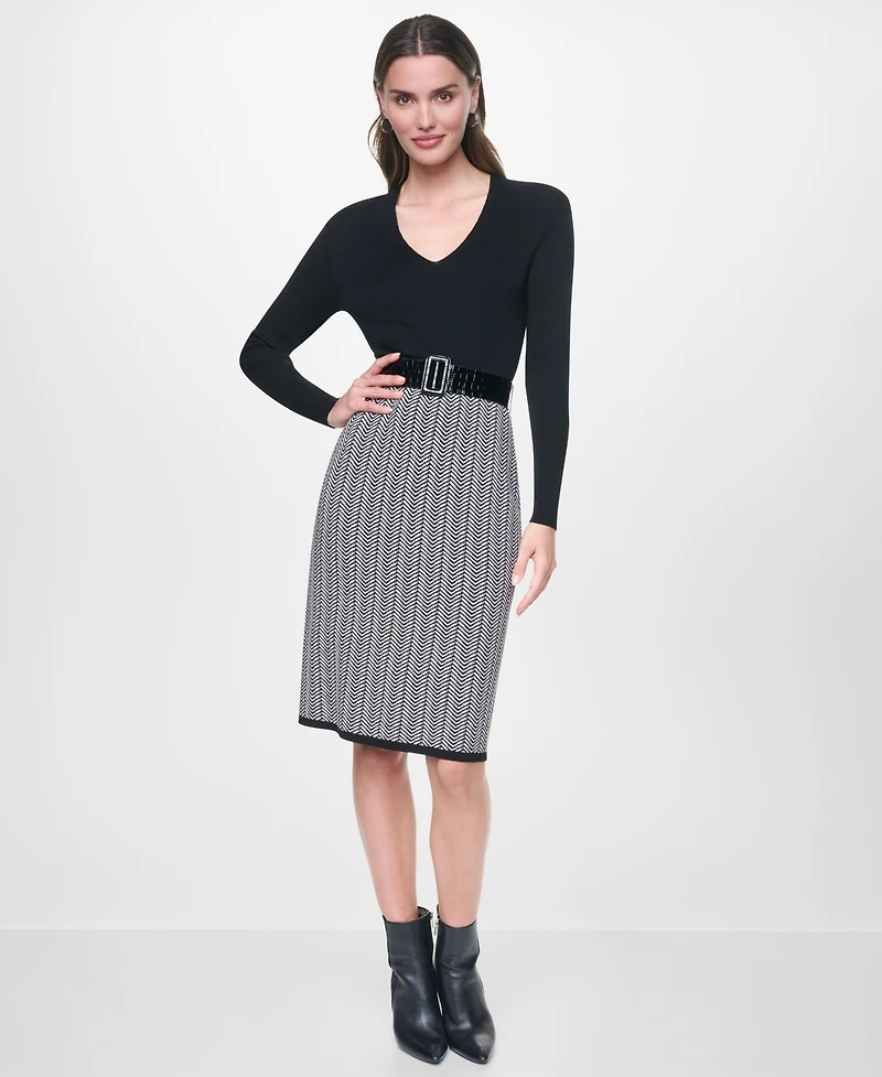 Dkny Women's Long Sleeve V-Neck Belted Sheath Sweater Dress