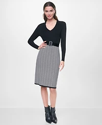 Dkny Women's Long Sleeve V-Neck Belted Sheath Sweater Dress