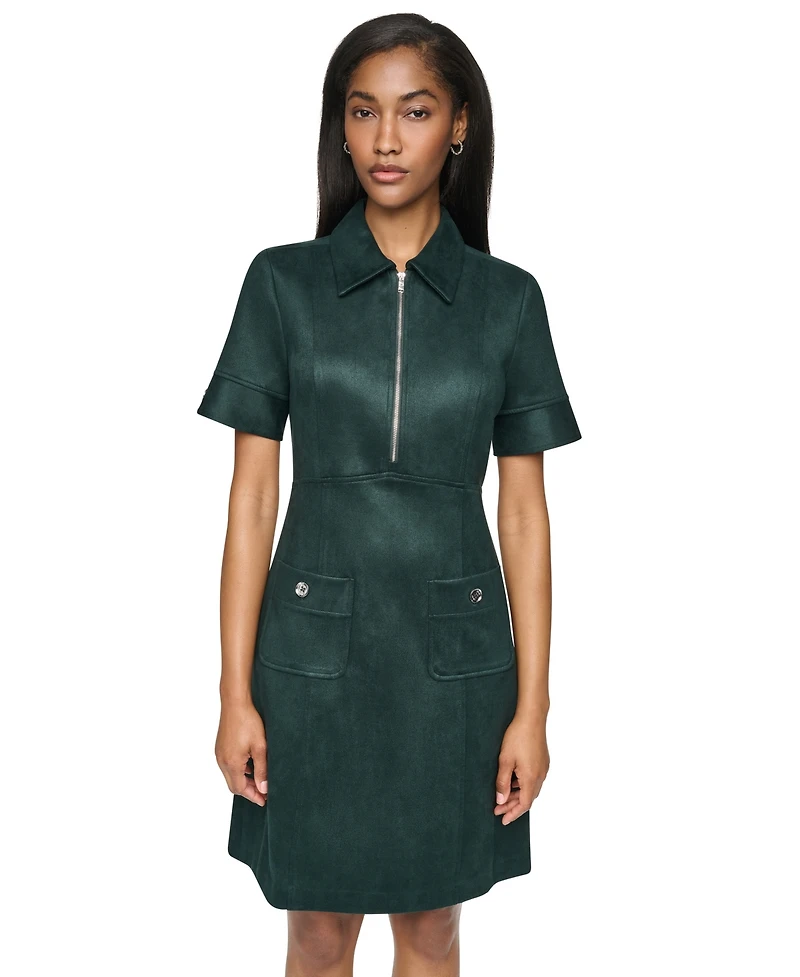 Dkny Women's Short Sleeve Collared Front-Zip A-Line Dress