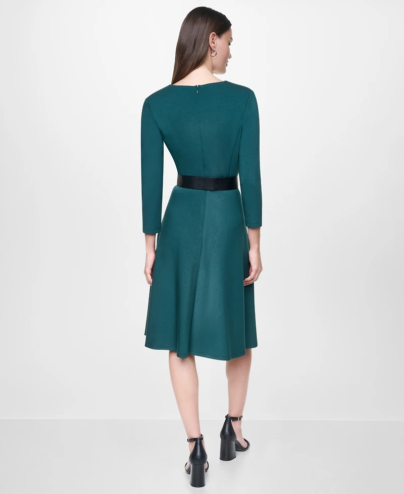 Dkny Women's Long Sleeve V-Neck Belted Fit and Flare Midi Dress