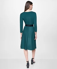 Dkny Women's Long Sleeve V-Neck Belted Fit and Flare Midi Dress
