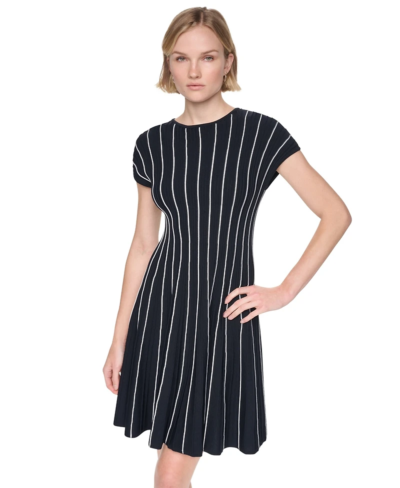 Dkny Women's Cap Sleeve Crew Neck Ribbed Fit and Flare Sweater Dress
