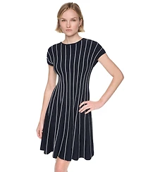 Dkny Women's Cap Sleeve Crew Neck Ribbed Fit and Flare Sweater Dress