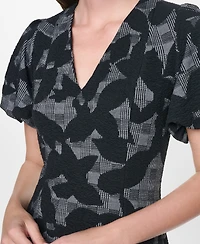 Dkny Women's Short Bubble Sleeve V-Neck Fit and Flare Dress