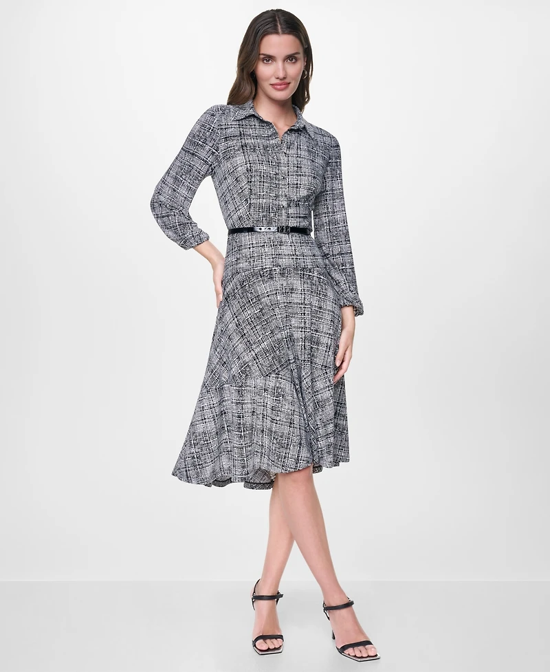 Dkny Women's Long Balloon Sleeve Collared Belted Midi Shirt Dress