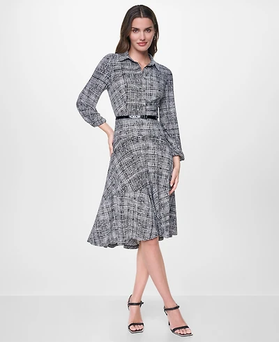 Dkny Women's Long Balloon Sleeve Collared Belted Midi Shirt Dress