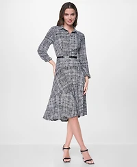 Dkny Women's Long Balloon Sleeve Collared Belted Midi Shirt Dress