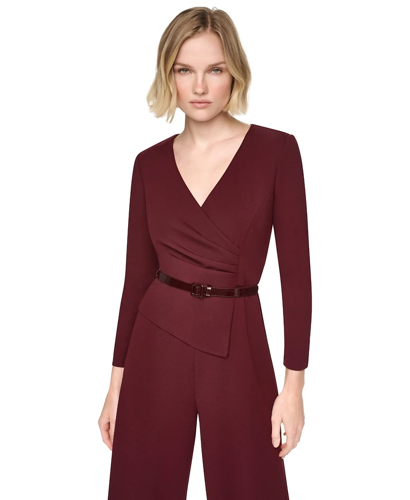 Dkny Women's Long Sleeve V-Neck Belted Wide-Leg Jumpsuit