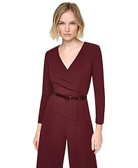 Dkny Women's Long Sleeve V-Neck Belted Wide-Leg Jumpsuit