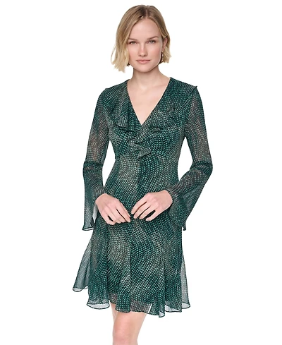 Dkny Women's Long Bell Sleeve V-Neck Ruffle Godet Dress