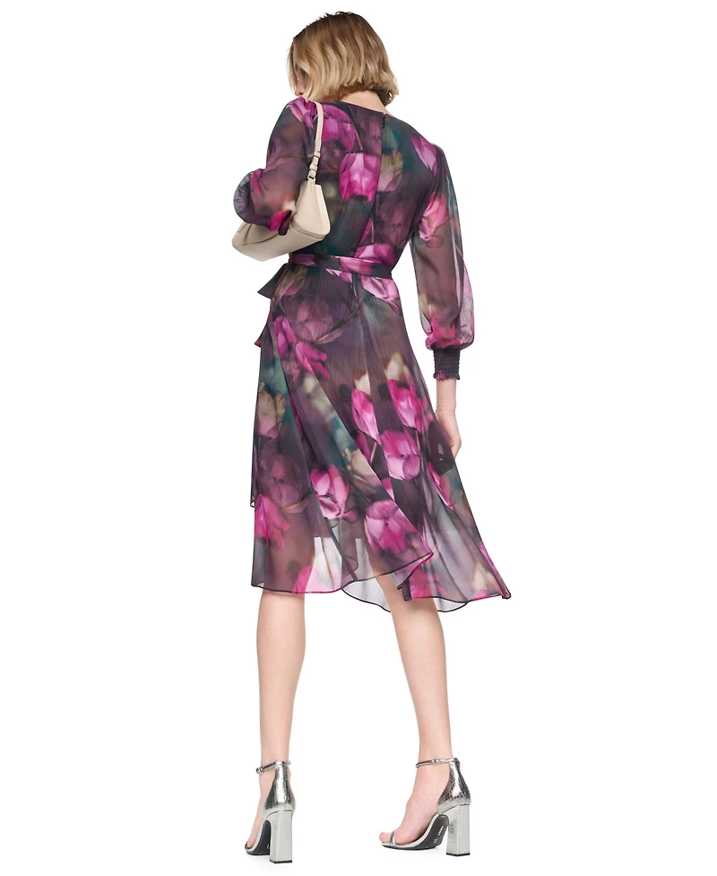 Dkny Women's Long Sleeve Smocked-Cuff Faux Wrap Midi Dress