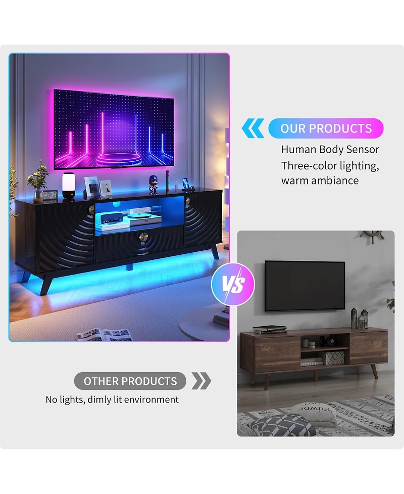Vlsrka 63" Tv Stand with Motion Sensor Led Light, Charging Station and Storage