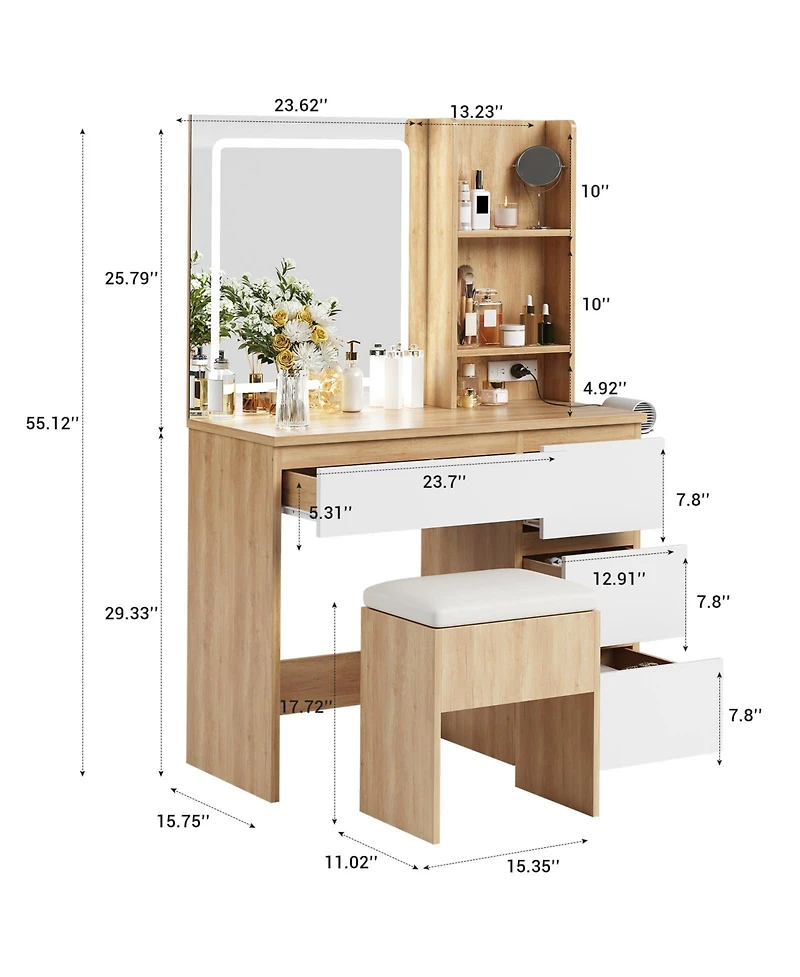 homfan Vanity Desk with Led Mirror, 4 Drawers, Power Outlet, Shelves and Storage Stool, Makeup Set for Bedroom