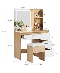 homfan Vanity Desk with Led Mirror, 4 Drawers, Power Outlet, Shelves and Storage Stool, Makeup Set for Bedroom
