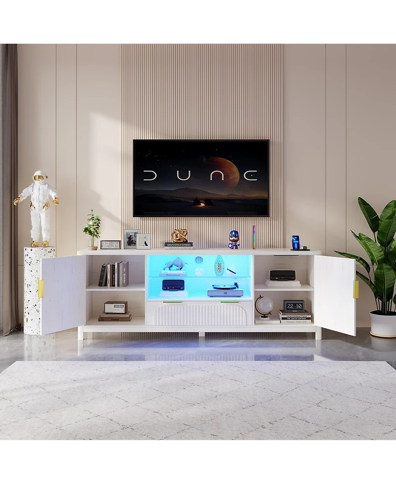 Vlsrka 63" Fluted Tv Stand with Charging Station, Led Lights and Adjustable