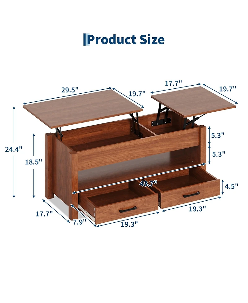 homfan Lift-Top Coffee Table with 2 Drawers, Hidden Compartment and Open Shelf, Convertible Living Room Center Table, Engineered Wood