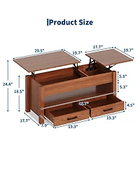 homfan Lift-Top Coffee Table with 2 Drawers, Hidden Compartment and Open Shelf, Convertible Living Room Center Table, Engineered Wood