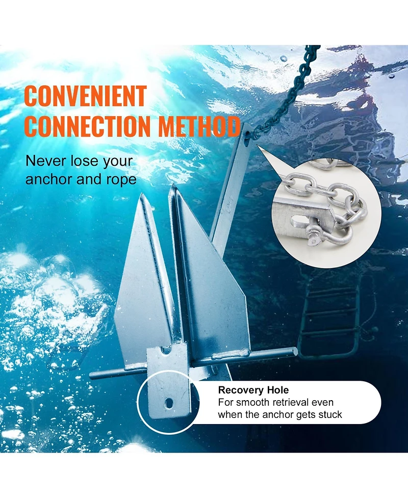 Sevorley Fluke Style Anchor Kit, 13 lb Galvanized Steel Boat Anchor with 8 feet Chain, 101 feet Rope and Shackles