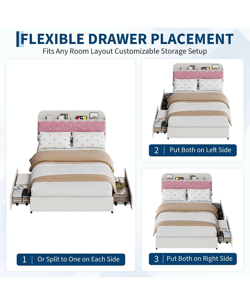 Velvet Upholstered Platform Bed with Biscuit Tufted Storage Headboard, Drawer, Sturdy Wood Slats, No Box Spring Needed