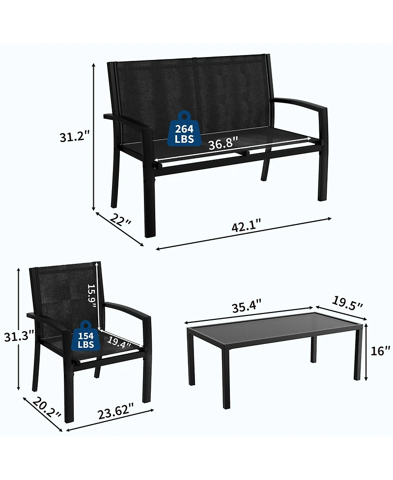 homfan 4-Piece Patio Conversation Set with Loveseat, 2 Chairs and Glass Coffee Table, Textilene Fabric, Metal Frame