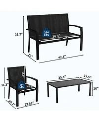 homfan 4-Piece Patio Conversation Set with Loveseat, 2 Chairs and Glass Coffee Table, Textilene Fabric, Metal Frame