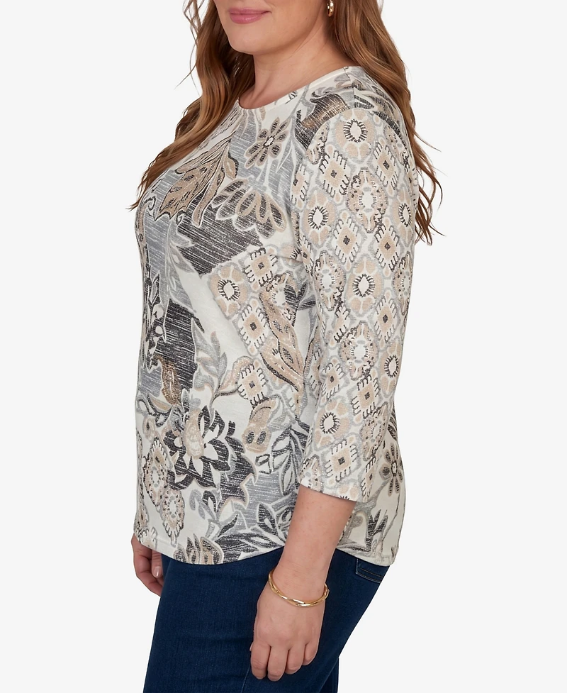 Alfred Dunner Plus Geo Leaf Patchwork Knit Top