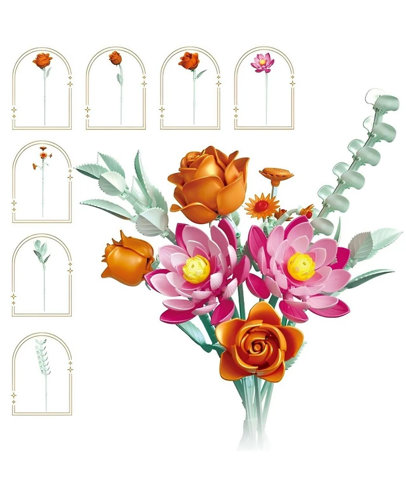 Contixo BK10 Flower Bouquet Building Set, 360-Piece Orange Rose & Pink Lotus Floral Brick Kit with Adjustable Stems, Creative Home Decor Gift, Ages 8+