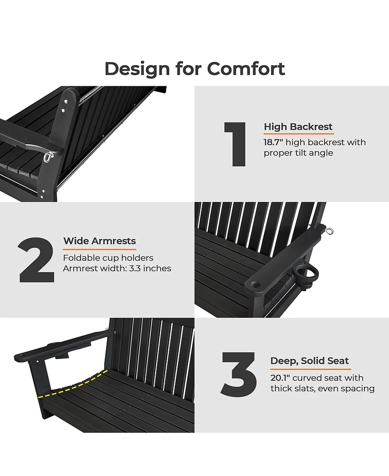 Innovaze 5 feet 3-Seater Hdpe Porch Swing with Chains, Weather-Resistant Outdoor Patio Bench with Cup Holders