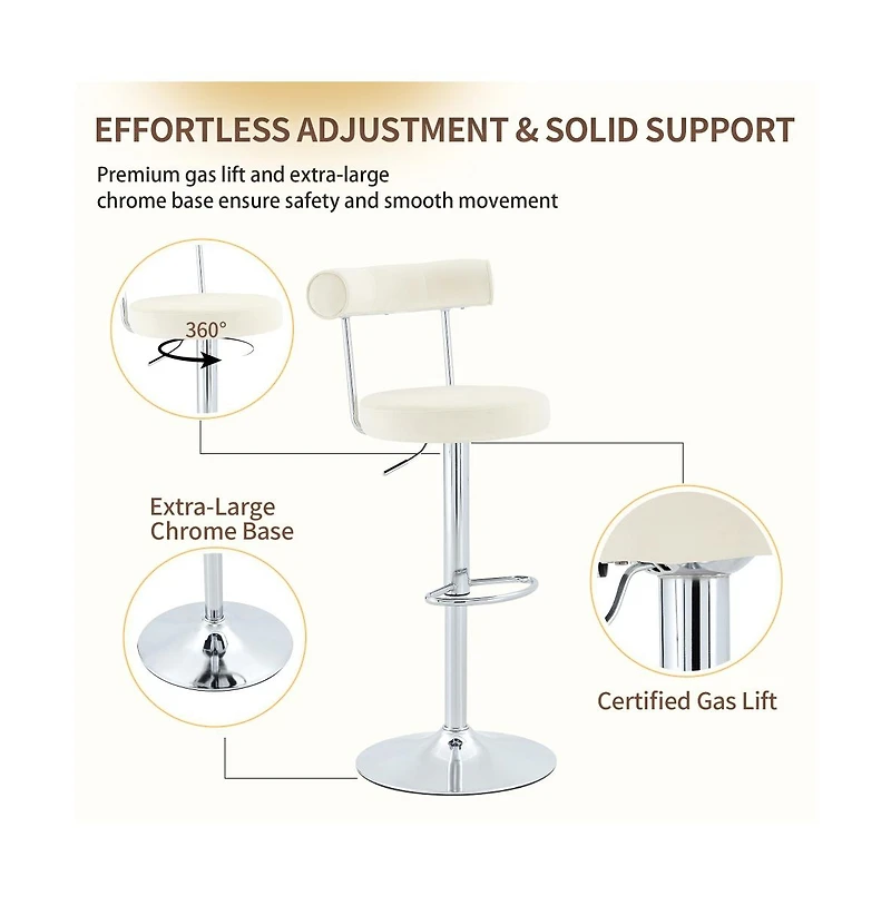 Maison Boucle Set of 2 Soft Velvet Upholstered Swivel Adjustable Bar Stools, 360-Degree Swivel Counter-Height Bar Chairs, Chrome Silver Base