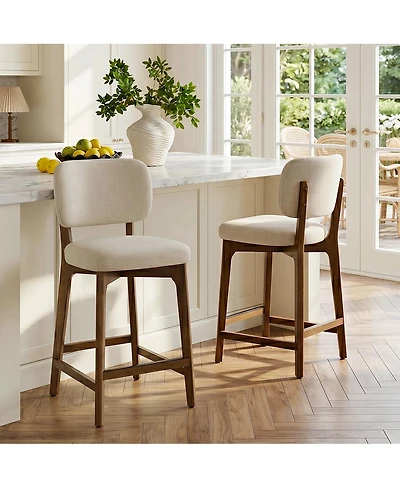 Maison Boucle Counter Height Bar Stools Set of 2, Linen-Blend Upholstered With Padded Seat and Curved Backrest, Solid Wood Frame