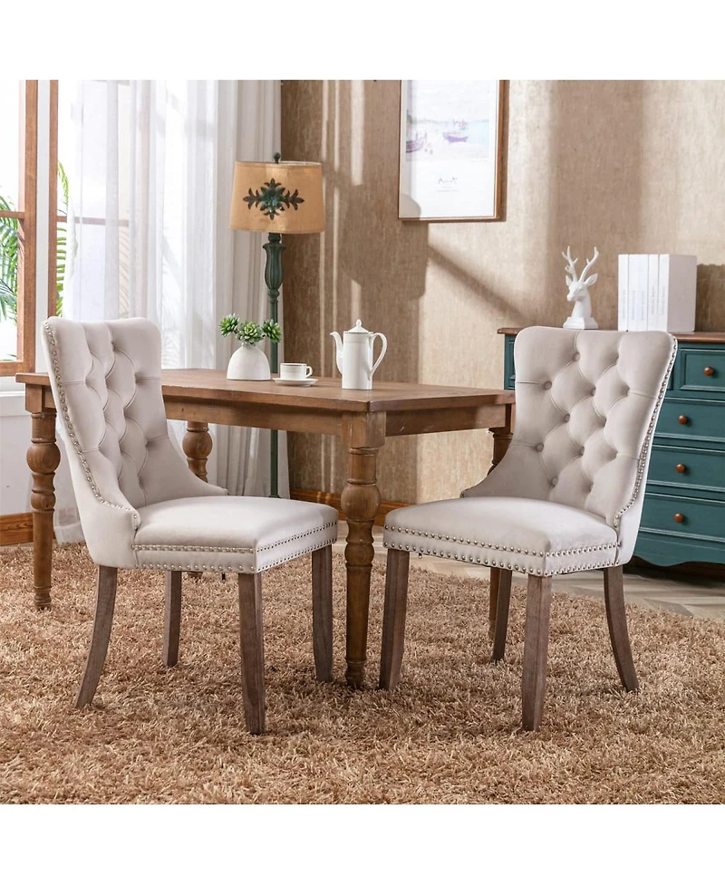 Maison Boucle Upholstered Dining Chairs , Beige Velvet Upholstery High-Back Side Chairs, Tufted Nailhead-Trim with Solid Wood Legs