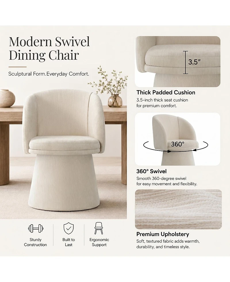 Maison Boucle Modern Upholstered Swivel Dining Chair, Textured Chenille Fabric With Curved Barrel Back, Pedestal Base Accent Chair
