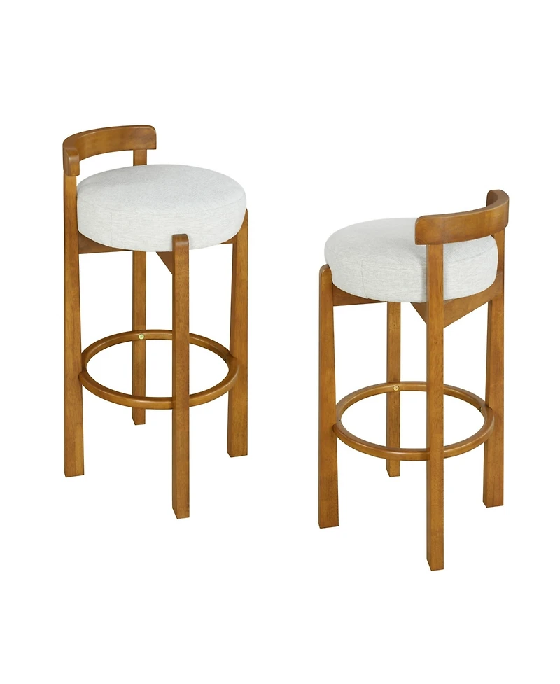 Maison Boucle Bar Height Stools Set of 2, Solid Wood Frame, Upholstered Round Seat, Low Back with Ring Footrest for Kitchen Island