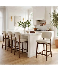 Maison Boucle Upholstered Counter Height Bar Stools Set of 4, Linen-Blend Woven Fabric With Curved Back, Solid Wood Frame Kitchen Island