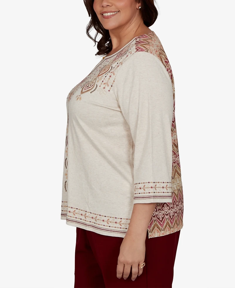 Alfred Dunner Plus Union Square Medallion Embroidered Printed Back Top
